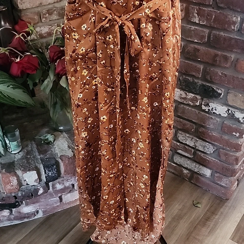 Lovestitch Rust Floral Wrap Midi Dress Boho Chic Tie Waist - Picture 10 of 10